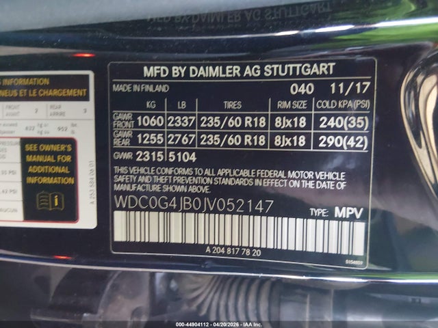 Auction sale of the 2018 Mercedes-benz Glc 300, vin: WDC0G4JB0JV052147, lot number: 44904112