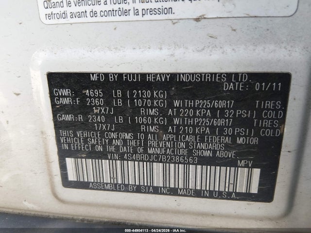 Продаж на аукціоні авто 2011 Subaru Outback 3.6r Limited, vin: 4S4BRDJC7B2386563, номер лоту: 44904113