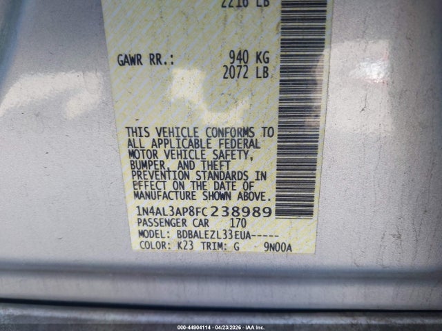 1N4AL3AP8FC238989 Nissan Altima 2.5/2.5 S/2.5 Sl/2.5 Sv