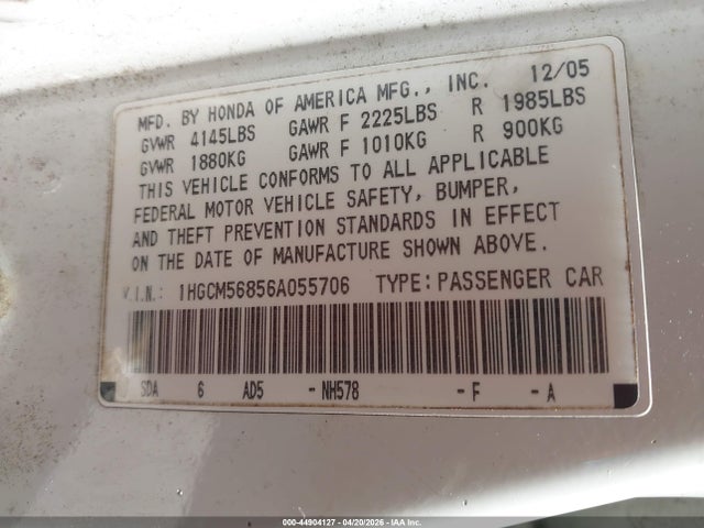 2006 Honda Accord 2.4 Ex მანქანა იყიდება აუქციონზე, vin: 1HGCM56856A055706, აუქციონის ნომერი: 44904127