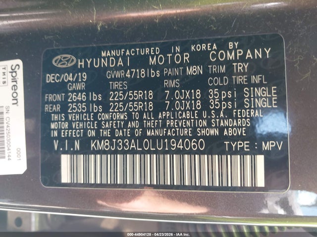 Aukcja sprzedaży 2020 Hyundai Tucson Ultimate, vin: KM8J33AL0LU194060, numer aukcji: 44904128