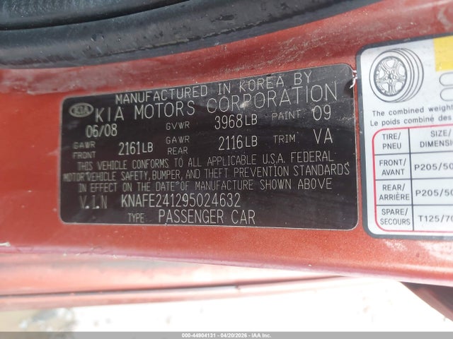 Aukcja sprzedaży 2009 Kia Spectra5 Sx, vin: KNAFE241295024632, numer aukcji: 44904131