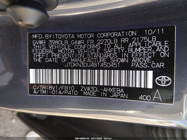 Aukcja sprzedaży 2011 Toyota Prius Three, vin: JTDKN3DU4B1450451, numer aukcji: 44904135