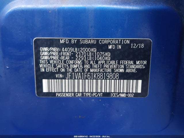 Subaru Wrx Premium 2019 JF1VA1F61K8819808 Image 9