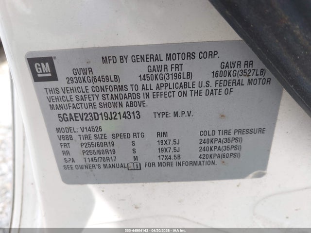 44904143 :رقم المزاد ، 5GAEV23D19J214313 vin ، 2009 Buick Enclave Cxl مزاد بيع