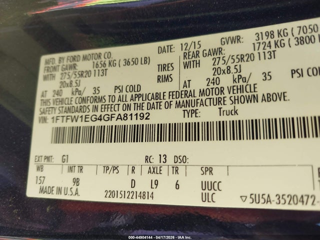 1FTFW1EG4GFA81192 Ford F-150 Platinum