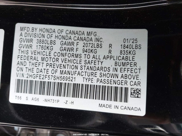Aukcja sprzedaży 2025 Honda Civic Sport, vin: 2HGFE2F57SH569521, numer aukcji: 44904149