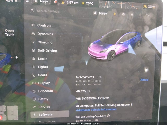 2020 Tesla Model 3 Long Range Dual Motor All-wheel Drive მანქანა იყიდება აუქციონზე, vin: 5YJ3E1EB4LF711222, აუქციონის ნომერი: 44904154