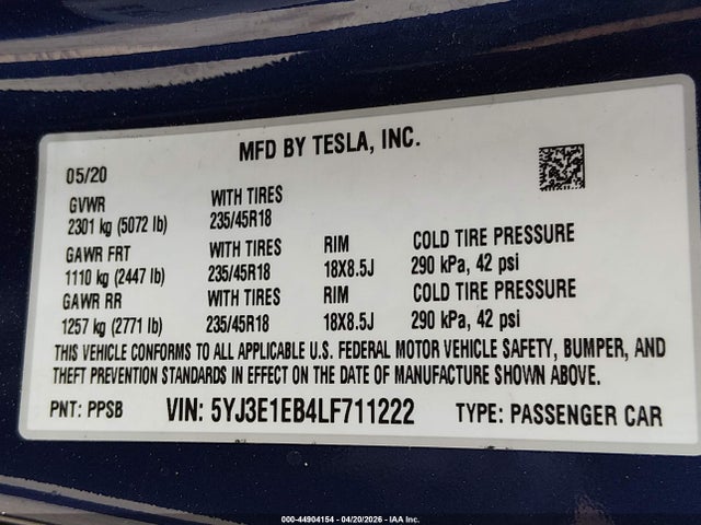 2020 Tesla Model 3 Long Range Dual Motor All-wheel Drive მანქანა იყიდება აუქციონზე, vin: 5YJ3E1EB4LF711222, აუქციონის ნომერი: 44904154