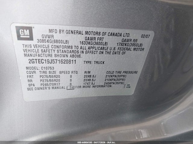 Aukcja sprzedaży 2007 Gmc Sierra 1500 Sle1, vin: 2GTEC19J571620811, numer aukcji: 44904180