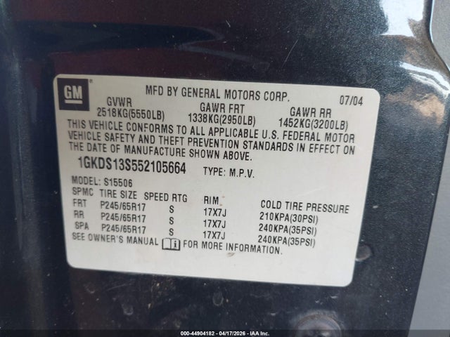 44904182 :رقم المزاد ، 1GKDS13S552105664 vin ، 2005 Gmc Envoy Sle مزاد بيع