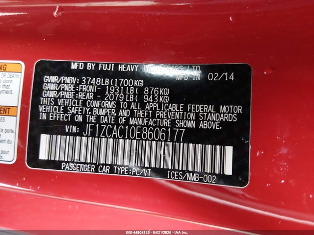 2014 Subaru Brz Limited მანქანა იყიდება აუქციონზე, vin: JF1ZCAC10E8606177, აუქციონის ნომერი: 44904185