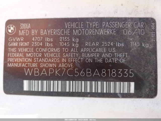 2011 Bmw 328i Xdrive მანქანა იყიდება აუქციონზე, vin: WBAPK7C56BA818335, აუქციონის ნომერი: 44904199