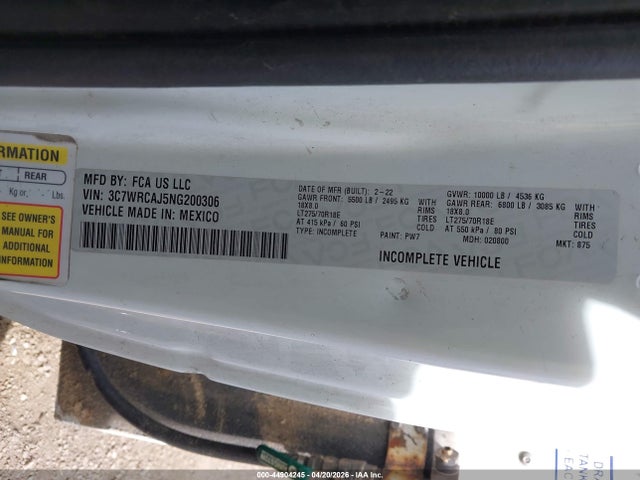 2022 Ram 3500 Chassis Tradesman/slt მანქანა იყიდება აუქციონზე, vin: 3C7WRCAJ5NG200306, აუქციონის ნომერი: 44904245
