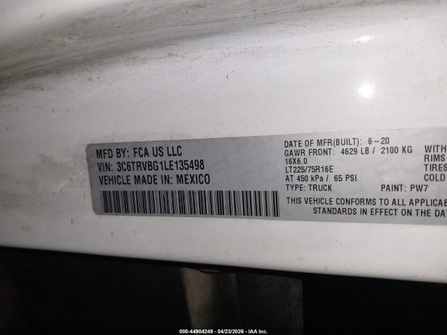 3C6TRVBG1LE135498 RAM Promaster 1500 High Roof 136 Wb