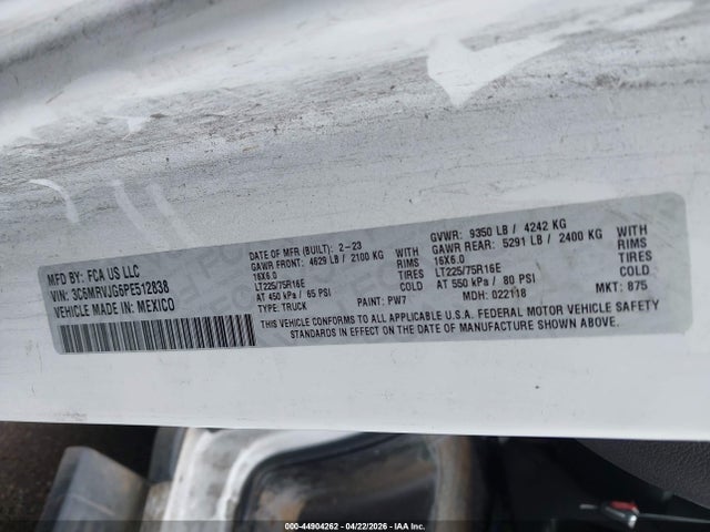 2023 Ram Promaster 3500 Cargo Van High Roof 159 Wb Ext მანქანა იყიდება აუქციონზე, vin: 3C6MRVJG6PE512838, აუქციონის ნომერი: 44904262