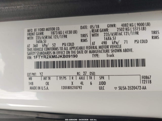 Ford Transit-250 2018 1FTYR2XM0JKB09190 Image 9