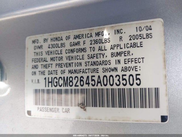 2005 Honda Accord Cpe Ex-l V6 მანქანა იყიდება აუქციონზე, vin: 1HGCM82645A003505, აუქციონის ნომერი: 44904273