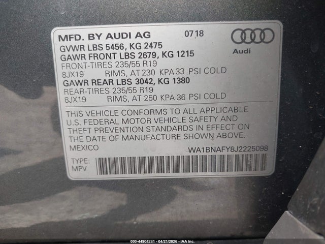 Продажа на аукционе авто 2018 Audi Q5, vin: WA1BNAFY8J2225098, номер лота: 44904281
