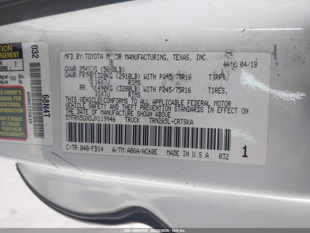 2018 Toyota Tacoma Sr მანქანა იყიდება აუქციონზე, vin: 5TFRX5GN3JX119946, აუქციონის ნომერი: 44904286