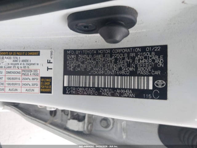 JTDKAMFU5N3169802 Toyota PRIUS XLE