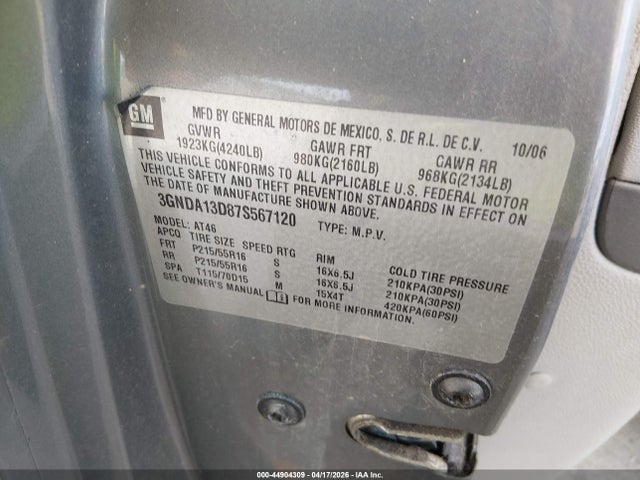 2007 Chevrolet Hhr Ls მანქანა იყიდება აუქციონზე, vin: 3GNDA13D87S567120, აუქციონის ნომერი: 44904309