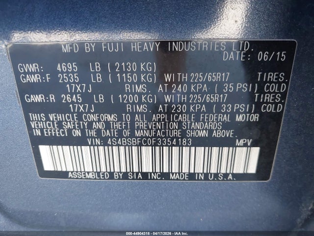 Aukcja sprzedaży 2015 Subaru Outback 2.5i Premium, vin: 4S4BSBFC0F3354183, numer aukcji: 44904318