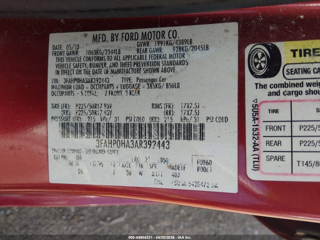 44904321 :رقم المزاد ، 3FAHP0HA3AR392443 vin ، 2010 Ford Fusion Se مزاد بيع