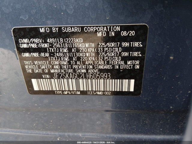 Aukcja sprzedaży 2020 Subaru Forester Premium, vin: JF2SKAGC2LH605993, numer aukcji: 44904325