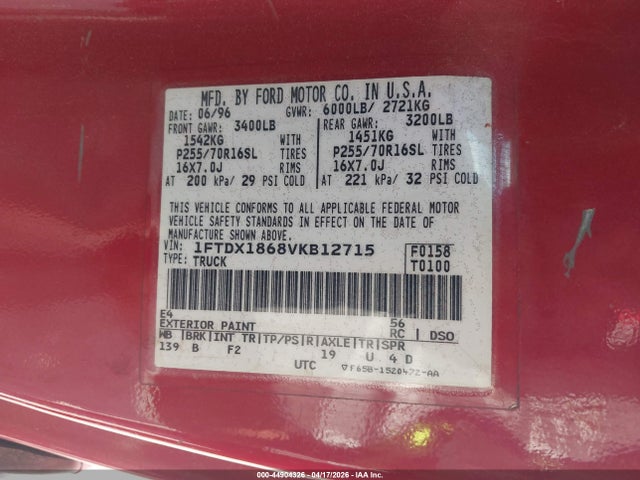 44904326 :رقم المزاد ، 1FTDX1868VKB12715 vin ، 1997 Ford F-150 Lariat/xl/xlt مزاد بيع