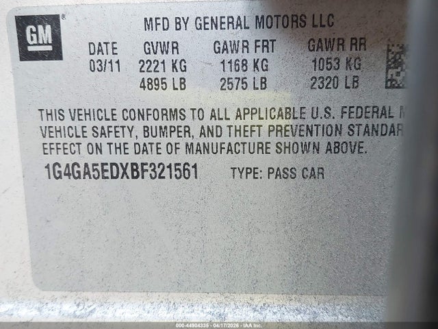 44904335 :رقم المزاد ، 1G4GA5EDXBF321561 vin ، 2011 Buick Lacrosse Cx مزاد بيع