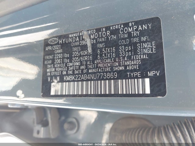 2022 Hyundai Kona Se მანქანა იყიდება აუქციონზე, vin: KM8K22AB4NU773869, აუქციონის ნომერი: 44904341