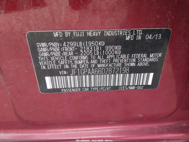 Aukcja sprzedaży 2013 Subaru Impreza Wagon 2.0i, vin: JF1GPAA66D2872198, numer aukcji: 44904361