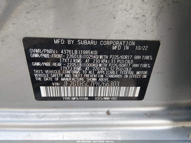2023 Subaru Crosstrek Sport მანქანა იყიდება აუქციონზე, vin: JF2GTHSC7PH266303, აუქციონის ნომერი: 44904364
