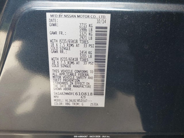 Nissan Pathfinder S 2015 5N1AR2MN0FC610818 Image 9