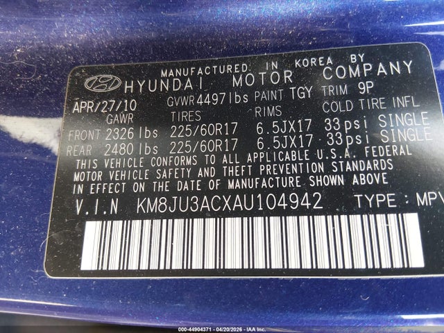 2010 Hyundai Tucson Gls მანქანა იყიდება აუქციონზე, vin: KM8JU3ACXAU104942, აუქციონის ნომერი: 44904371