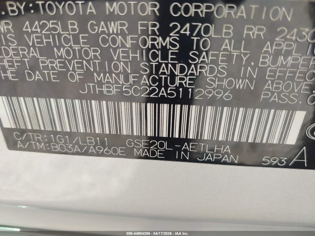 44904390 :رقم المزاد ، JTHBF5C22A5112996 vin ، 2010 Lexus Is 250 مزاد بيع