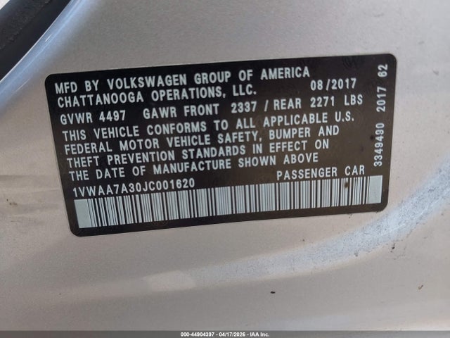 2018 Volkswagen Passat 2.0t R-line/2.0t S მანქანა იყიდება აუქციონზე, vin: 1VWAA7A30JC001620, აუქციონის ნომერი: 44904397