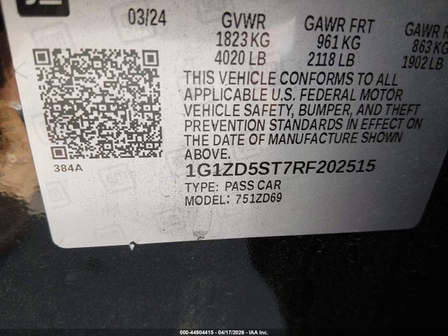 2024 Chevrolet Malibu Fwd 1lt მანქანა იყიდება აუქციონზე, vin: 1G1ZD5ST7RF202515, აუქციონის ნომერი: 44904415