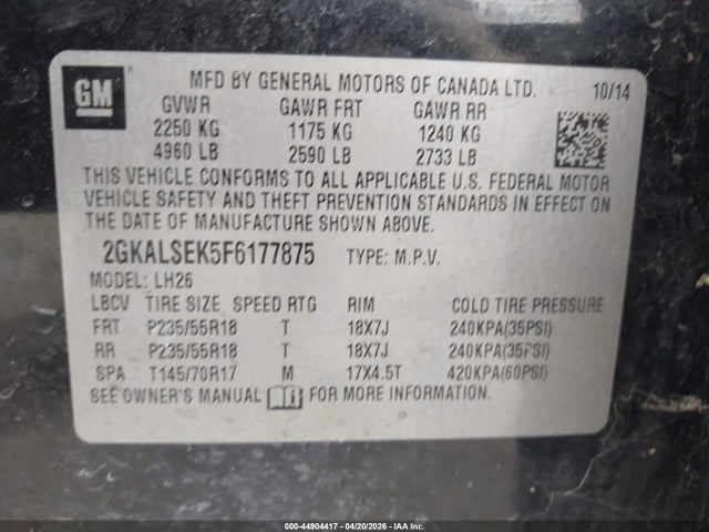 Aukcja sprzedaży 2015 Gmc Terrain Slt-1, vin: 2GKALSEK5F6177875, numer aukcji: 44904417