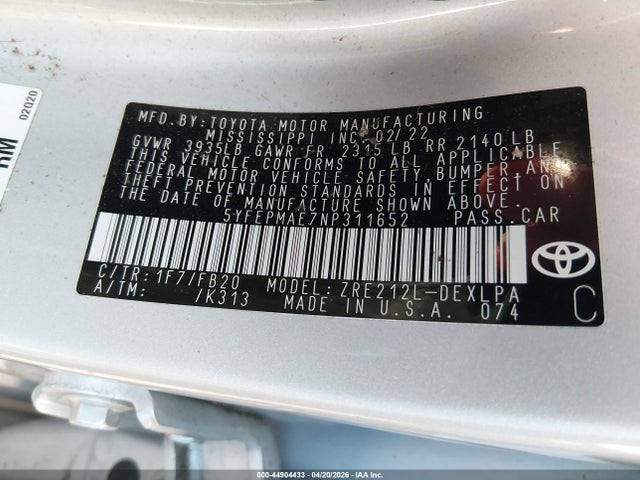 Aukcja sprzedaży 2022 Toyota Corolla Le, vin: 5YFEPMAE7NP311652, numer aukcji: 44904433