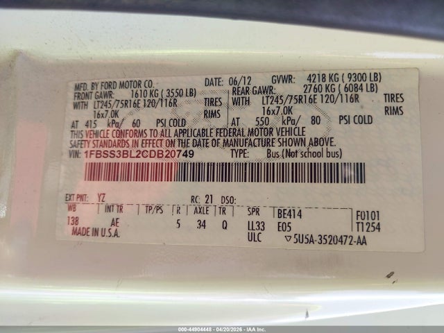 2012 Ford E-350 Super Duty Xl მანქანა იყიდება აუქციონზე, vin: 1FBSS3BL2CDB20749, აუქციონის ნომერი: 44904448