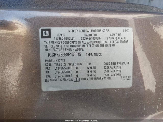 44904460 :رقم المزاد ، 1GCHK23658F136545 vin ، 2008 Chevrolet Silverado 2500hd Lt2 مزاد بيع