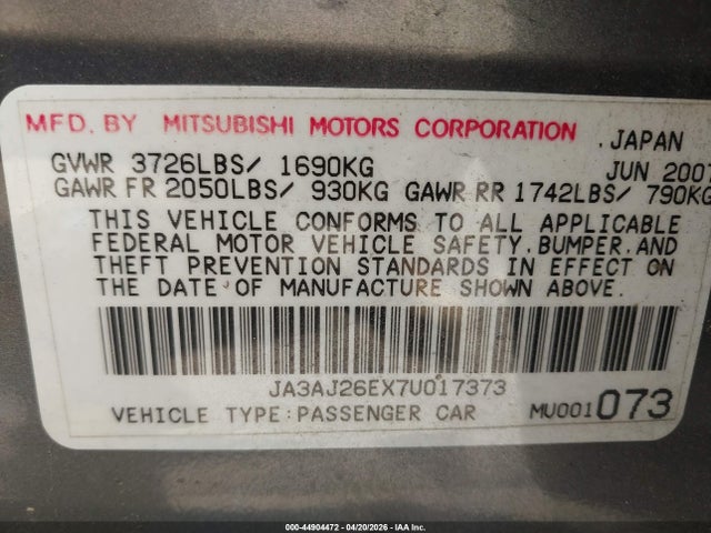 Aukcja sprzedaży 2007 Mitsubishi Lancer Es, vin: JA3AJ26EX7U017373, numer aukcji: 44904472