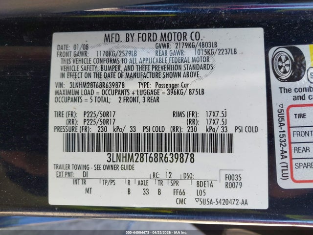 Aukcja sprzedaży 2008 Lincoln Mkz, vin: 3LNHM28T68R639878, numer aukcji: 44904473