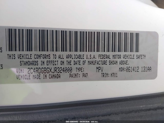 Aukcja sprzedaży 2018 Dodge Grand Caravan Se, vin: 2C4RDGBGXJR324000, numer aukcji: 44904492
