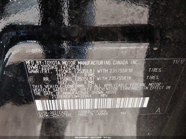 44904507 :رقم المزاد ، 2T3YFREV1JW432944 vin ، 2018 Toyota Rav4 Limited مزاد بيع