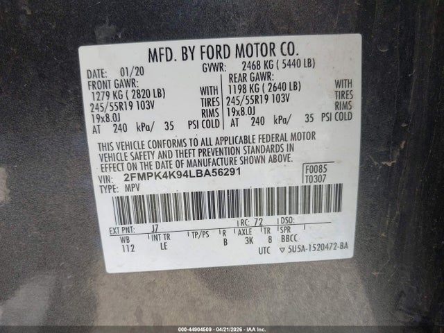 2020 Ford Edge Titanium მანქანა იყიდება აუქციონზე, vin: 2FMPK4K94LBA56291, აუქციონის ნომერი: 44904509