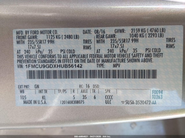 44904521 :رقم المزاد ، 1FMCU9GDXHUB56142 vin ، 2017 Ford Escape Se مزاد بيع