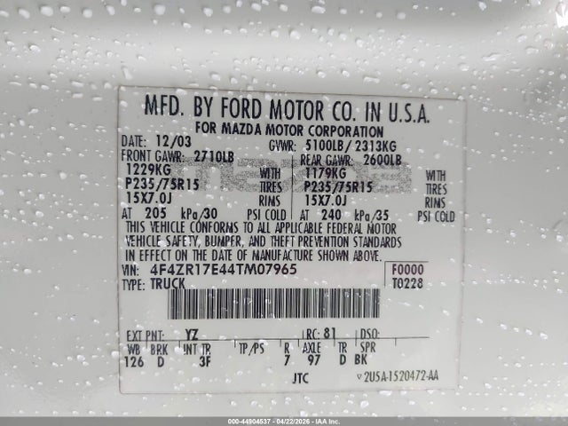 2004 Mazda B4000 მანქანა იყიდება აუქციონზე, vin: 4F4ZR17E44TM07965, აუქციონის ნომერი: 44904537